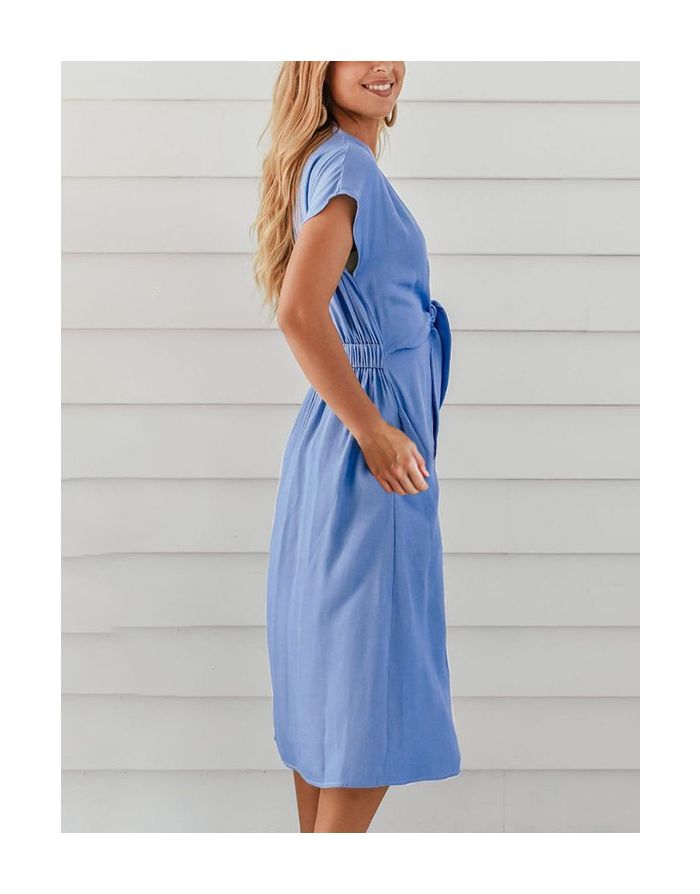 Spring Summer Short Sleeve V-Neck Single Breasted Solid Color Belted Midi Casual Dresses